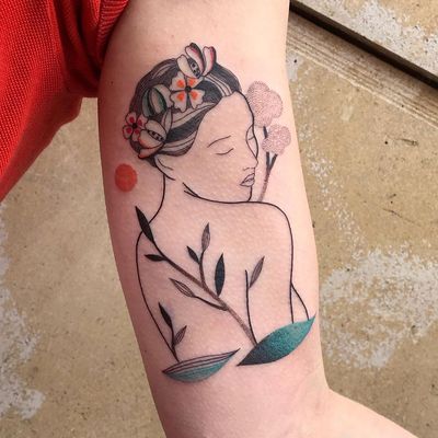 Illustrative tattoo by Ani des Aubes #AnidesAubes #illustrative #linework #nature #organic #beauty #love #portrait #patterns #dotwork #color #watercolor #leaves #flowers #floral