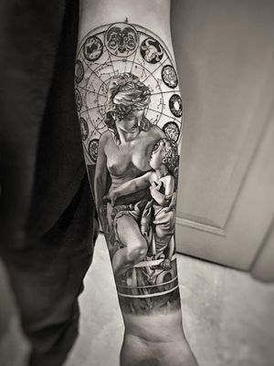 Venus and cupid tattoo by Josh Lin #JoshLin #finearttattoos #arthistory #Venus #Cupid #zodiac #starsigns #woman #portrait #sculpture #blackandgrey #realism #realistic
