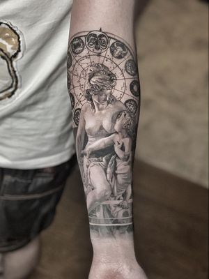 Realism tattoo by Josh Lin #JoshLin #besttimetogettattooed #gettattooed #winter #besttattoos #blackandgrey #sculpture #constellation #realism #fineline #intricate #arm #zodiac