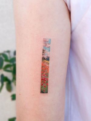 Monet tattoo by Euynu #Eunyu #finearttattoos #arthistory #Monet #painting #landscape #impressionism #flowers #sky #clouds #forest #trees #nature