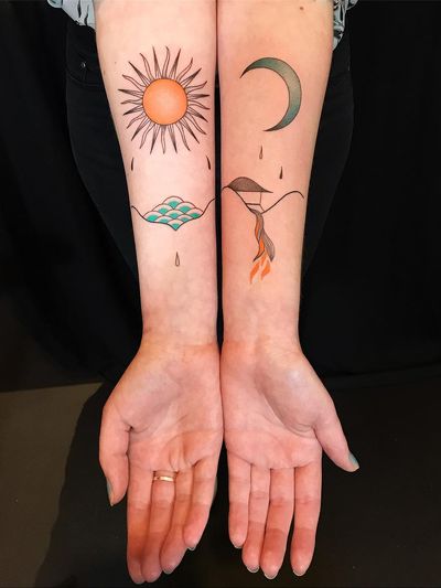 Illustrative tattoo by Ani des Aubes #AnidesAubes #illustrative #linework #nature #organic #beauty #love #matchingtattoo #landscape #sun #Moon