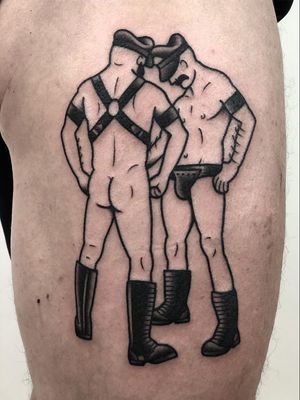 Leather daddies tattoo by Philippe Fernandez #PhilippeFernandez #nationalcomingoutday #queer #qttr #lgbt #lgbtqia #blackwork #leather #leatherdaddy #men #portrait #erotica #sexuality