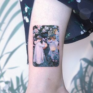 John Singer Sargent tattoo by Kozo Tattoo #KozoTattoo #finearttattoos #arthistory #JohnSingerSargent #painting #impressionism #realism #modernart #childen #flowers #famouspainting #lanters #light