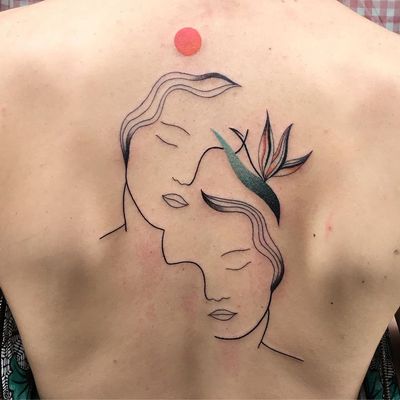Illustrative tattoo by Ani des Aubes #AnidesAubes #illustrative #linework #nature #organic #beauty #love #portrait #patterns #dotwork #color #watercolor #backtattoo #backpiece #back #abstract