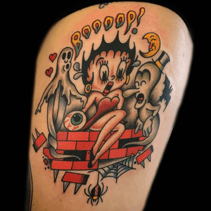 Betty Boop tattoo by Brad Worthen #BradWorthen #Halloweentattoos #halloweentattoo #halloween #Samhain #AllHallowsEve #BettyBoop #boo #ghosts #hearts #spiderweb #spider #eyeball #moon #cute #cartoon #color #traditional