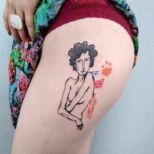 Cute tattoo by Adria Deyza  of Unikat - Tattooed Travels: Berlin, Germany #tattooedtravels #Berlin #Germany #Unikat #illustrative #abstract #sun #stars #clouds #portrait #ladyhead #tears #cry #upperleg