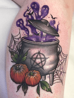 Witches brew tattoo by Leah Sharples #LeahSharples #Halloweentattoos #halloweentattoo #halloween #Samhain #AllHallowsEve #pentagram #witchesbrew #caldron #ghosts #bats #pumpkins #witches #color #Illustrative #spiderweb