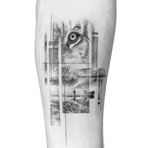 Illustrative tattoo by Peter Laeviv #PeterLaeviv #realism #illustrative #linework #intricate #detailed #fineline #abstract #cateye #landscape #mountains #boat #fishing