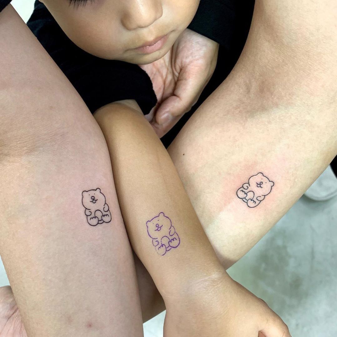Tattoo uploaded by Justine Morrow • Couple tattoos by Goodmorning Town  #Goodmorningtown #coupletattoos #matchingcoupletattoo #relationshiptattoo  #matchingtattoosforcouples #bear #simple #teddybear #gummybear  #simpletattoo #smalltattoo • Tattoodo