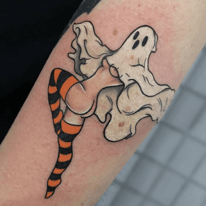 Ghost babe tattoo by Samantha Croston #SamanthaCroston #Halloweentattoos #halloweentattoo #halloween #Samhain #AllHallowsEve #ghost #pinup #cute #babe #lady #traditional #color