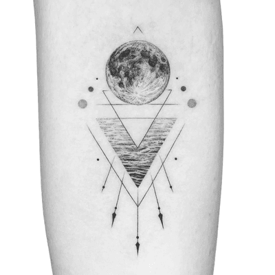 Illustrative tattoo by Peter Laeviv #PeterLaeviv #realism #illustrative #linework #intricate #detailed #fineline #abstract #ocean #wave #moon #arrows #triangle