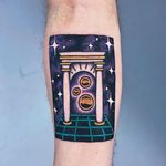 Surreal tattoo by Berly Boy #BerlyBoy #besttimetogettattooed #gettattooed #winter #besttattoos #color #surreal #portal #80s #stars #column #videogame #sphere #strange #color #newschool #arm