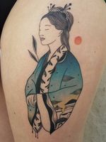 Illustrative tattoo by Ani des Aubes #AnidesAubes #illustrative #linework #nature #organic #beauty #love #portrait #patterns #dotwork #color #watercolor #kimono #architecture
