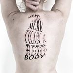 Lettering tattoo by Julim Rosa of Pechschwarz - Tattooed Travels: Berlin, Germany #tattooedtravels #Berlin #Germany #JulimRosa #PechschwarzTattoo #Pechschwarz #lettering #blackwork #text #upperback #quote
