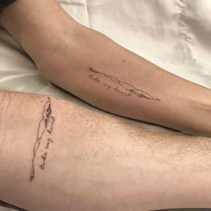 Couple tattoos by Chang of West 4 Tattoo #Chang #West4Tattoo #coupletattoos #matchingcoupletattoo #relationshiptattoo #matchingtattoosforcouples #landscape #fineline #smalltattoo #lettering #cursive #script