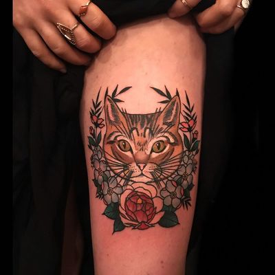 Cat tattoo by Derick Montez #DerickMontez #besttimetogettattooed #gettattooed #winter #besttattoos #color #traditional #cat #peony #flower #floral #wreath #kitty #petportrait