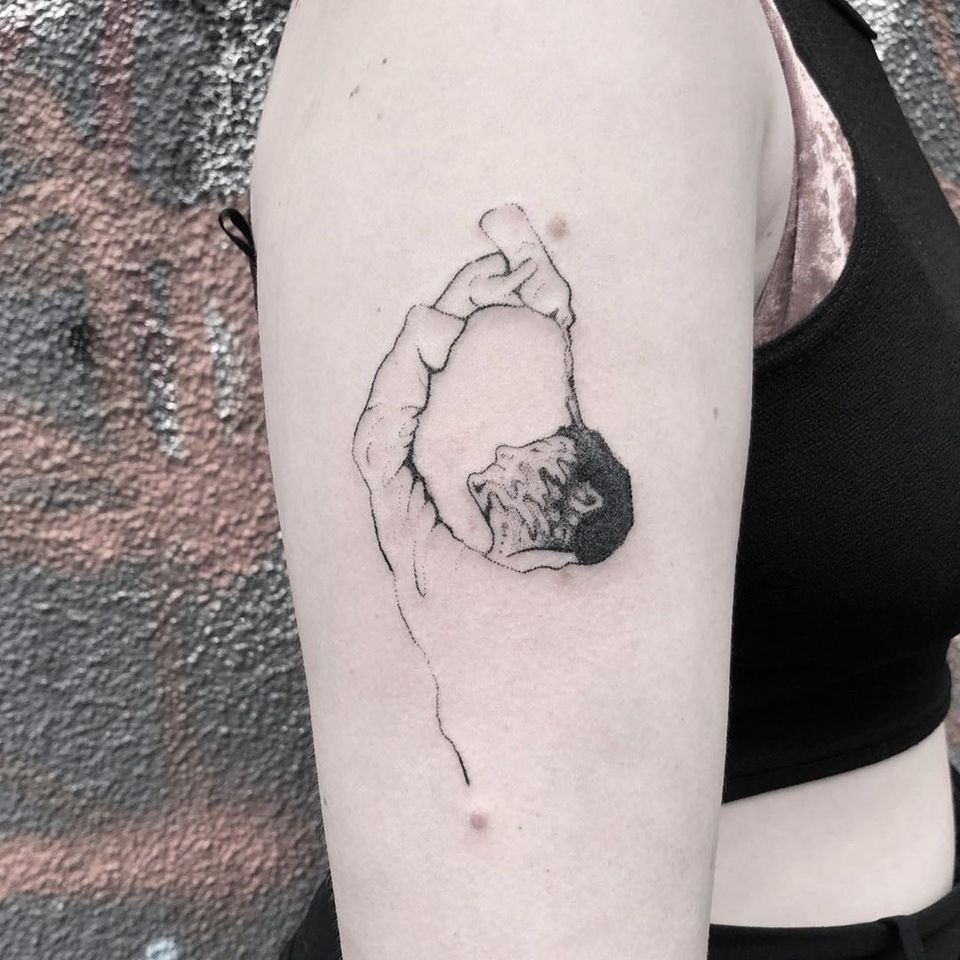 Hand poke tattoo by Sabrina Drescher aka stabdee #SabrinaDrescher #StabDee #handpoketattoo #illustrative #dotwork #handpoke #portrait #surreal #surrealism #water
