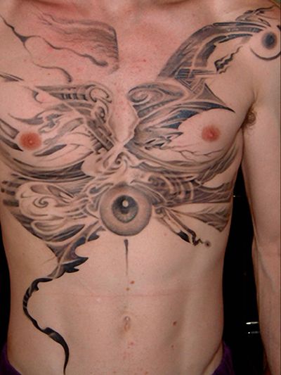 Tattoo collaboration with Filipe Leu in 2000 on Ryan Martinie of Mudvayne #FilipeLeu #PaulBooth #LastRites #BoothGallery #biomechanical #darkart #surrealism #Mudvayne #chesttattoo