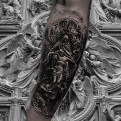 Ludovico Pogliaghi's Ascension of Jesus tattoo by Inal Bersekov #InalBerskov #LudovicoPogliaghi #Jesus #angel #blackandgrey #sculpture #realism #realistic 