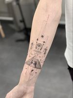 Forearm tattoo by Ali Anil Ercel #AliAnilErcel #besttimetogettattooed #gettattooed #winter #besttattoos #blackandgrey #pyramid #egypt #egyptian #Hieroglyphics #sphynx #linework #fineline #dotwork #stars #arm