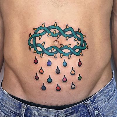 Stomach tattoo by Berly Boy #BerlyBoy #nationalcomingoutday #queer #qttr #lgbt #lgbtqia #thorns #color #traditional #raindrops #tears #blood #rainbow #crownofthorns #stomach