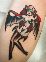 Pin up vamp tattoo by Grace Lamorte #GraceLamorte #Halloweentattoos #halloweentattoo #halloween #Samhain #AllHallowsEve #vampire #pinup #bat #vamp #babe #lady #color #batwings #demon #traditional