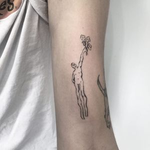 Hand poke tattoo by Sabrina Drescher aka stabdee #SabrinaDrescher #StabDee #handpoketattoo #illustrative #dotwork #handpoke #portrait #surreal #surrealism #flowers 