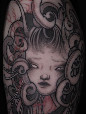Illustrative dark art tattoo by Pinyeyu #Pinyeyu #China #chinatattooshop #chinatattoo #Beijing #Beijingtattoo #illustrative #darkart #portraittattoo #alien #surreal #strange #unique #blackandgrey 