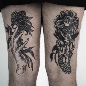 Blackwork illustrative tattoo by Patch and Violene, aka Happypets Ink, owner of Happypets Studio #Patch #Violene #HappypetsInk #HappypetsStudio #Lausanne #Switzerland #illustrative #blackwork #darkart #linework 