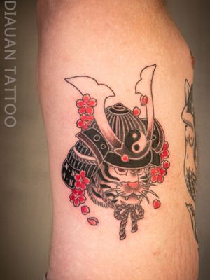 Cat samurai tattoo by Hori Mayi of Diauan Tattoo in Shenzhen #HoriMayi #DiauanTattoo #China #chinatattooshop #chinatattoo #Shenzhen #Shenzhentattoo #Shenzhentattooartist #cattattoo #samurai #yinyang #tiger #cherryblossoms #flowers #Japanese #Asian