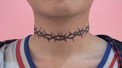 Thorn tattoo by Lo Fi Tattooer #LoFiTattooer #thorntattoos #thorntattoo #thorns #thorn #nature #plant #blackandgrey #illustrative #necktattoo