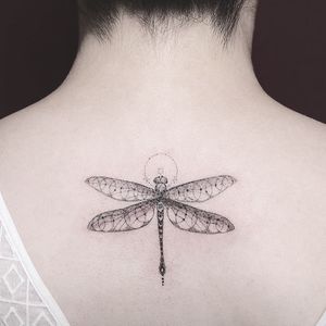 Dragonfly back tattoo by kaixin of Lotus Art Tattoo in Shenzhen #kaixinkaixin #kaixin #LotusArtTattoo #Shenzhen #shenzhentattoo #shenzhentattooartist #dragonflytattoo #dragonfly #illustrative #geometric #insect #nature #backpiece