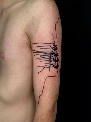 Blackwork illustrative tattoo by Rex Morris aka FCKNRX #RexMorris #FCKNRX #blackwork #illustrative #freehand #freemachine #abstract #abstractexpressionism #underground #armtattoo 