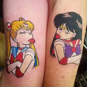 Sailor Moon sister tattoos by Mark Oliver #MarkOliver #sistertattoos #sisters #sistertattooidea #familytattoo #siblingtattoo  #newschool #color #anime #sailormoon #sailorsaturn #manga