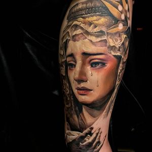 Portrait tattoo by liushanqi of More Than Tattoo in Shanghai #liushanqi #MoreThanTattoo #Shanghai #Shanghaitattoo #Shanghaitattooartist #Portrait #painterly #virginmary #ladyofquadalupe #tears #religious #lady #realism