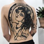 Blackwork tattoo by Monki Diamond #MonkiDiamond #blackwork #illustrative #ladyhead #lady #portrait #backpiece #backtattoo
