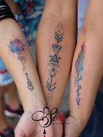 Sibling tattoo for 3 by Joseph Tadefa #JosephTadefa #sistertattoos #sisters #sistertattooidea #familytattoo #siblingtattoo #matchingtattoo #bfftattoo #siblingtattoofor3 #illustrative #watercollor #arrows #geometric #feather