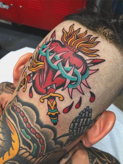 Thorn tattoo by Matt Cannon #MattCannon #thorntattoo #thorntattoos #thorn #plant #nature #pain #sacredheart #swords #scalp #Headtattoo #color #traditional