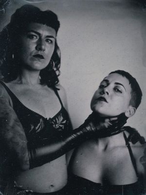 Clit Eastwood and Daemonum X (left) - tintype photograph by Mildred S Pierce #DaemonumX #tattoocollector #leatherdyke #ropetop #shibari 