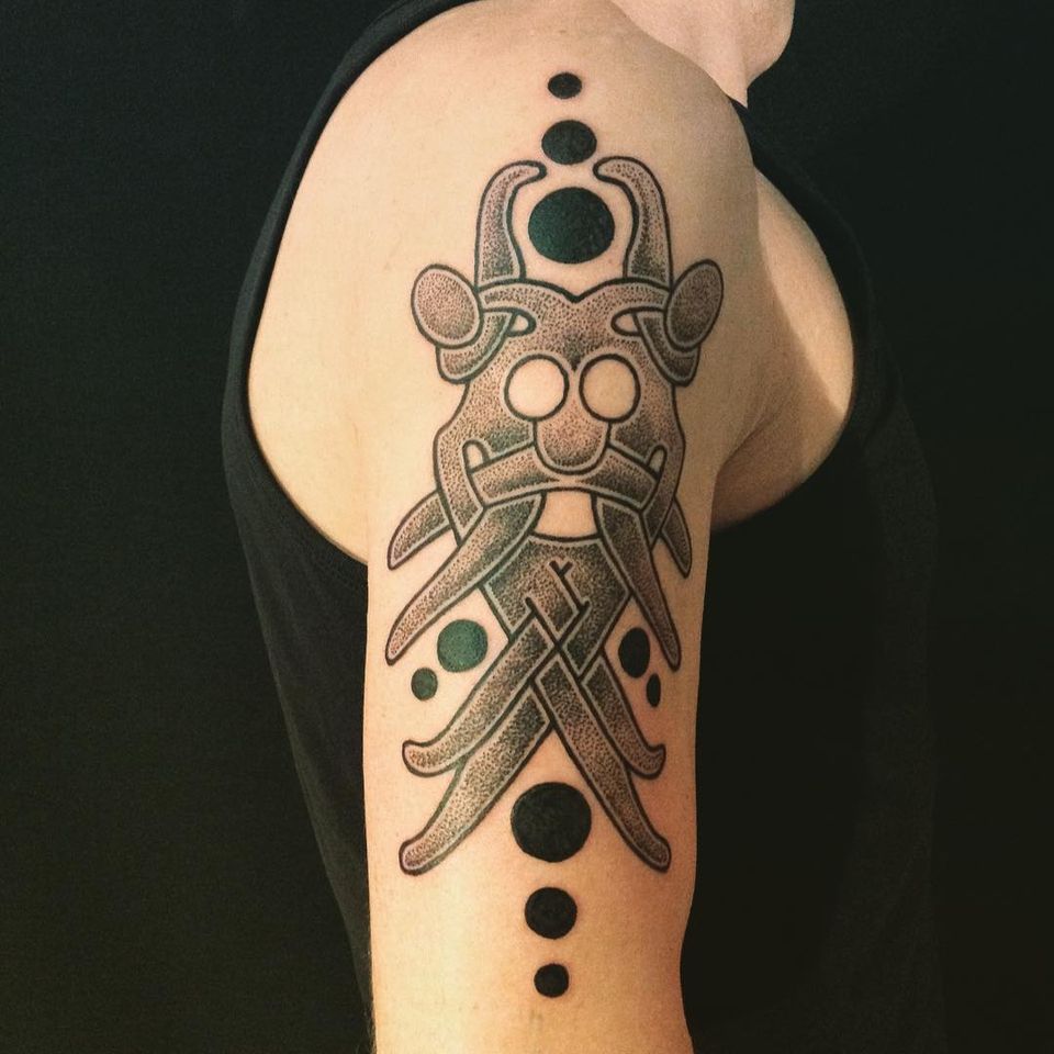 Arhus mask tattoo by Larma Tattoo #LarmaTattoo #arhus #arhusmask #mask #vikingtattoo #viking #norse #norsemythology #norsesymbols #symbols