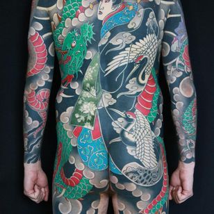 Dragon and geisha tattoo by Luca Ortis #LucaOrtis #geisha #dragon #ryu #bodysuit #japanesetattoos #japanese #irezumi #japanesemythology #mythology 