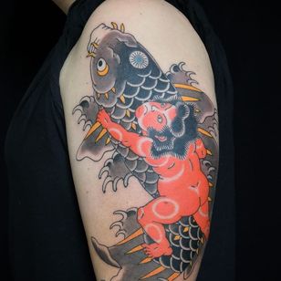 Japanese Dragon and Koi Fish on Floral Tattoo Printed Power Mesh Fabri