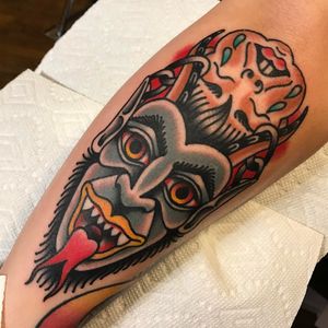 Krampus tattoo by Phil DeAngulo aka Midwest Phil #PhilDeAngulo #MidwestPhil #krampustattoo #krampus #christmastattoo #traditional #color 