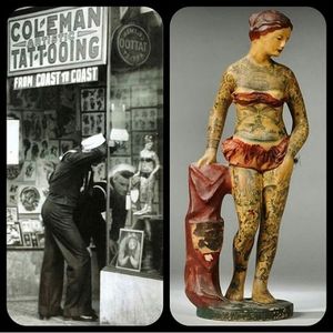 Cap Coleman painted sculpture with photograph of the sculpture in the windo of his shop #CapColeman #AugustBernardColeman