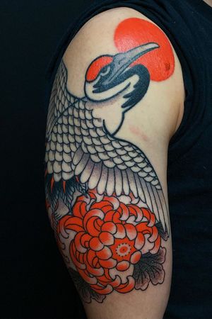 Crane tattoo by Horikai Caio Pineiro 