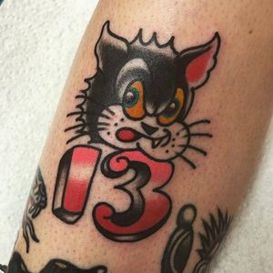 13 tattoo by Dan of Stone Heart Tattoo in Sydney aka edfasty #edfasty #stonehearttattoo #13tattoo #fridaythe13th #friday13 #friday13flash #13flash #smalltattoo #cat