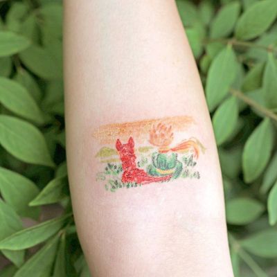 Illustrative watercolor tattoo by Ovenlee #Ovenlee #OvenleeTattoo #StudioBySol #watercolor #illustrative #colorpencil #sketch #cute #thelittleprince #fox #landscape #childrensbook #book #movie