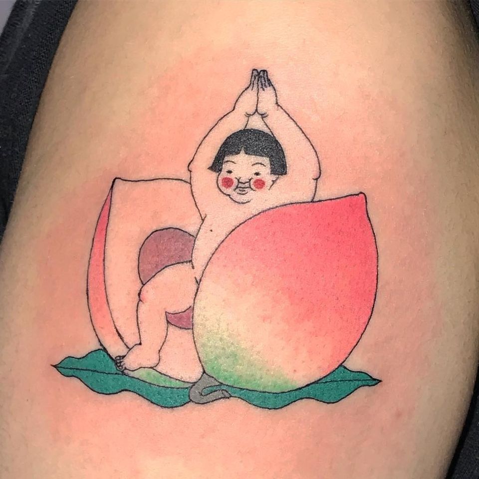 Momotaro tattoo by Miki Kim #MikiKim #momotaro #peach #peachboy #japanesetattoos #japanese #irezumi #japanesemythology #mythology 