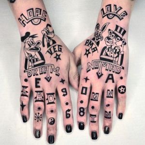 Hand tattoo by Luxiano #Luxiano #handtattoo #blackwork #fingertattoo #text #graffiti #comic #pinkpanther #yinyang #star #love