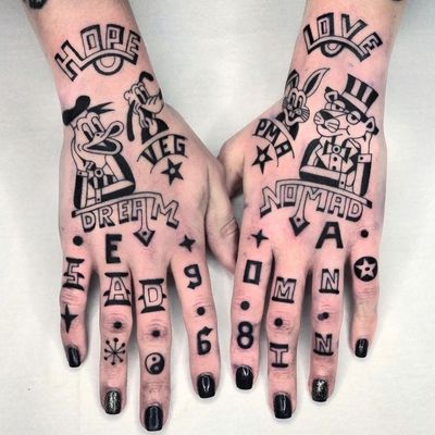 Hand tattoo by Luxiano #Luxiano #handtattoo #blackwork #fingertattoo #text #graffiti #comic #pinkpanther #yinyang #star #love